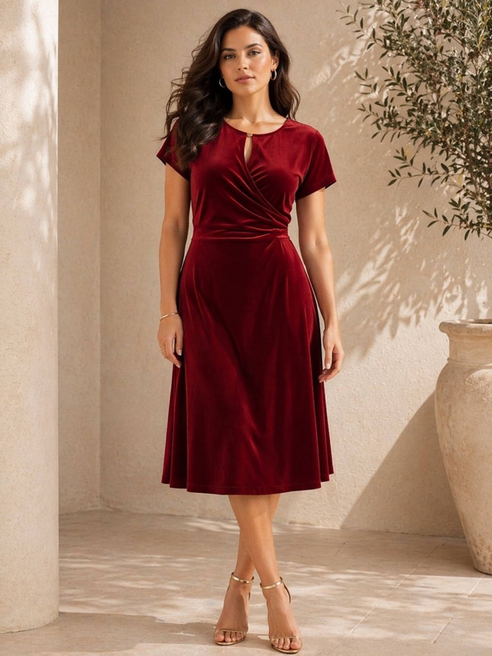 Sandra Darren Red Ruched Midi Dress for Weddings 🍒